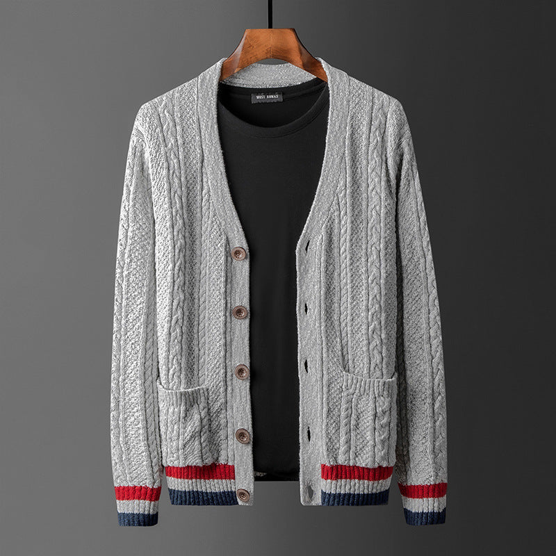 American Style Trend Pure Cotton Cardigan Sweater Plus Size V-neck Coat Contrast Color Men