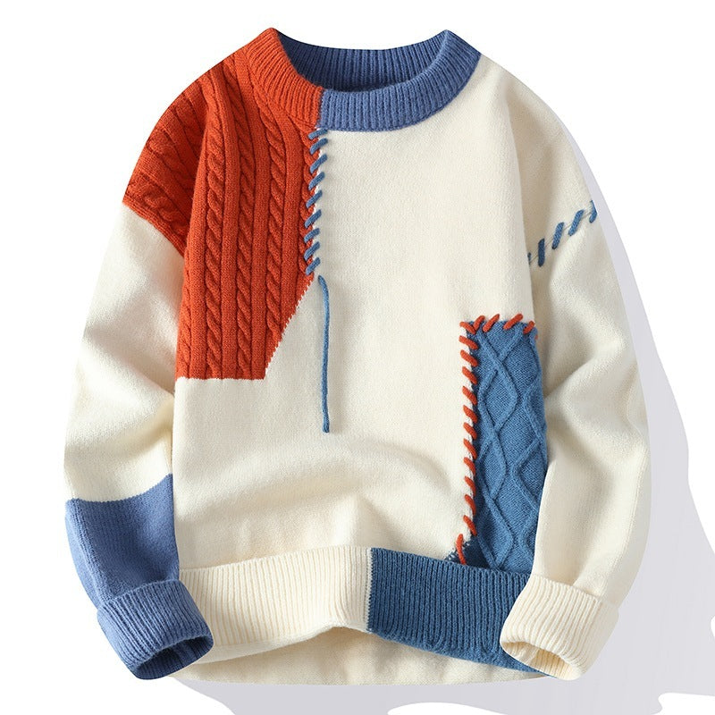 Sweater Men's American Retro Color Contrast Patchwork