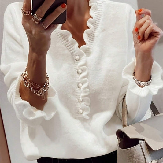 Spring, Summer And Autumn Long Sleeve Ruffled V-neck Knitted Sweater