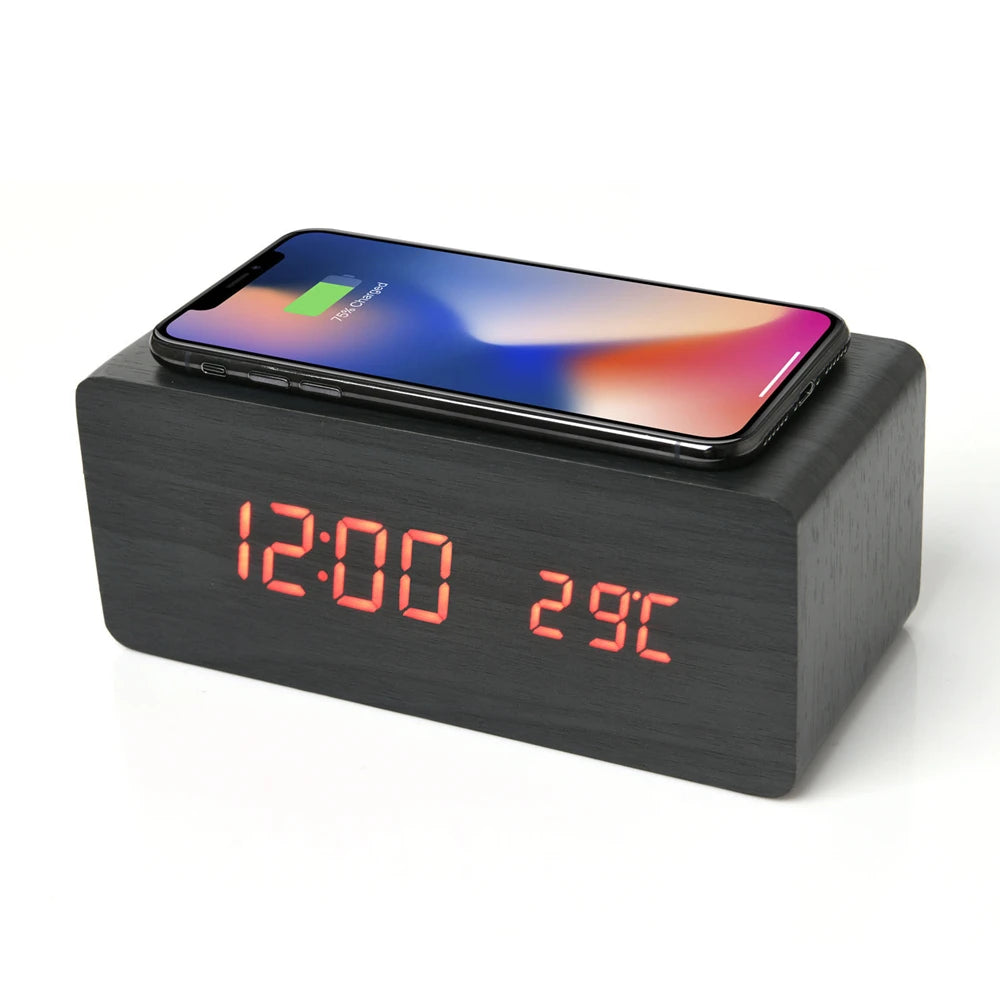 Modern Wooden Digital LED Backlit Alarm Clock Thermometer Qi Wireless Charger Clock with Charger