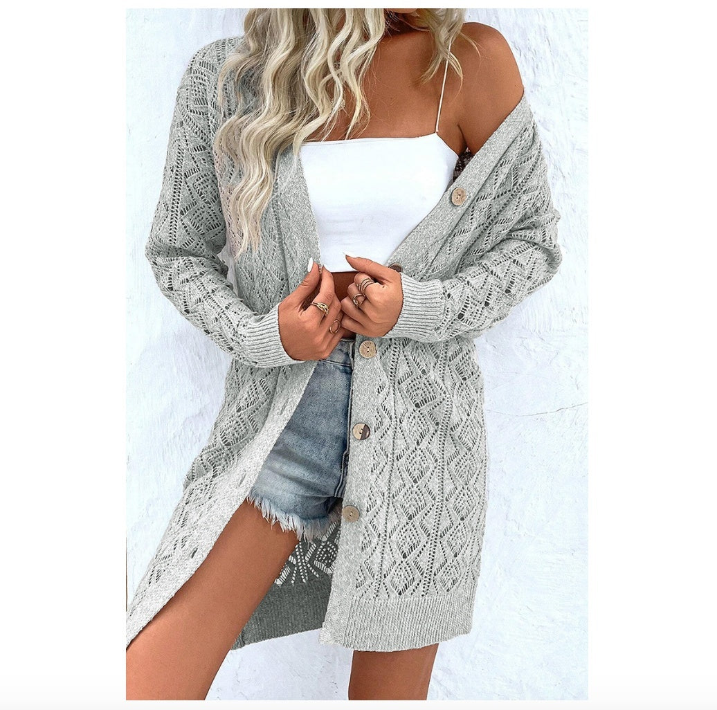 Women's Casual Solid Color Hollow Cardigan Sweater