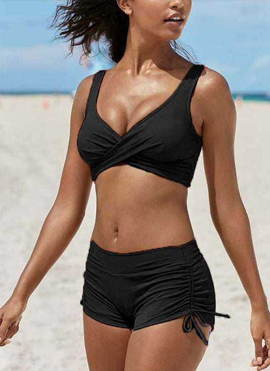 Damen Bikini Set mit abnehmbarem Träger, Bandeau-Oberteil, hochgeschnitten, freches Bikini-Set, Badeanzug