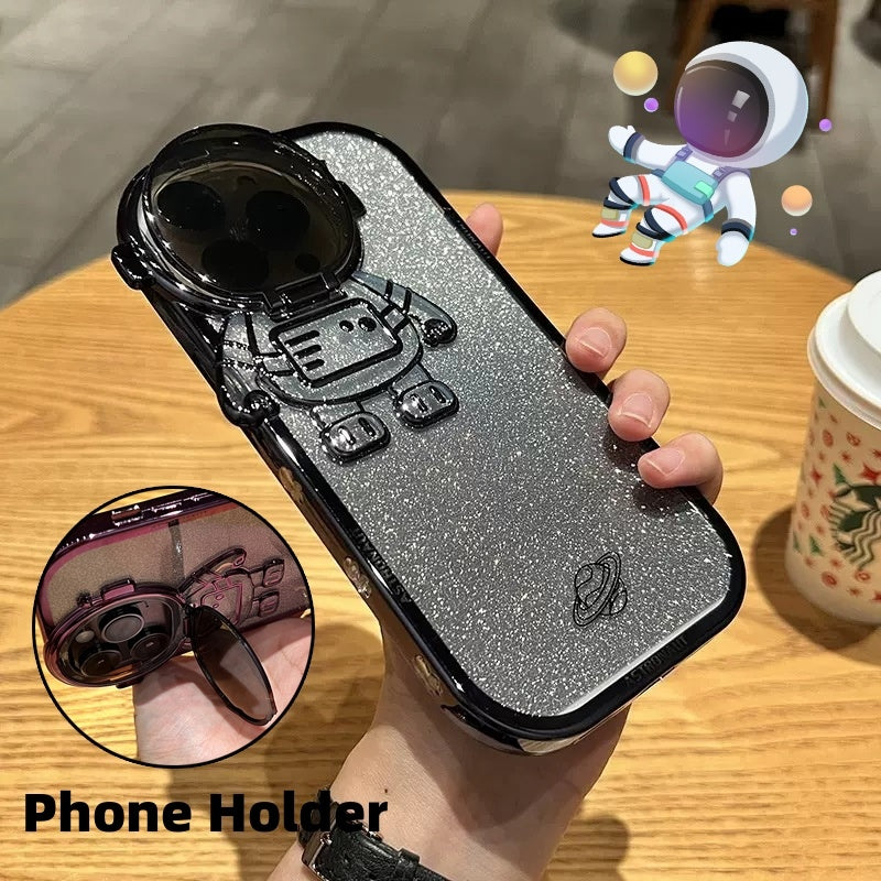 Glitter Astronaut Kamera Stand Telefon Fall Für IPhone 14 13 12 11 Pro Max XR 14 Plus Unsichtbare Objektiv Halterung Beschichtung Weiche Abdeckung