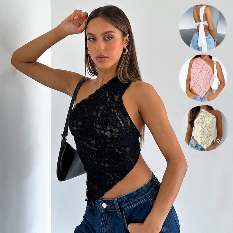 Ins Lace Backless Top Sommer Einfarbig Taillenlose Asymmetrische Weste mit schrägem Hals Streetwear Damen Kleidung