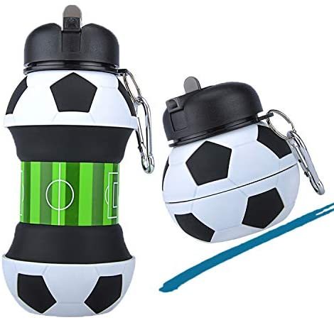 Fußball Fußball Silikon Wasserflasche mit Strohhalm Faltbare zusammenklappbare Reise ungiftige Flaschen Innovative Camping