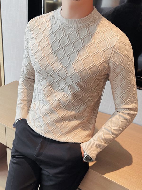 Round Neck High Elastic Diamond Plaid Sweater