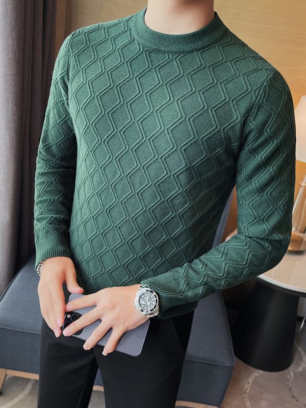 Round Neck High Elastic Diamond Plaid Sweater