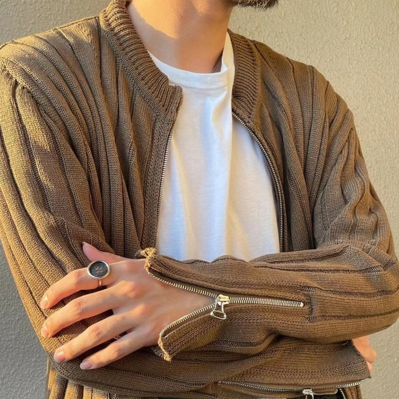 Brown Striped Zipper Knitted Sweater Cardigan Baggy Coat Men