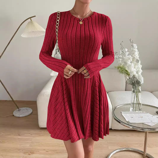 Women's French Knitted Long-sleeved Dress Short Skirt