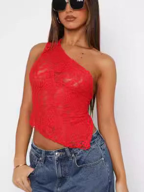 Ins Lace Backless Top Sommer Einfarbig Taillenlose Asymmetrische Weste mit schrägem Hals Streetwear Damen Kleidung