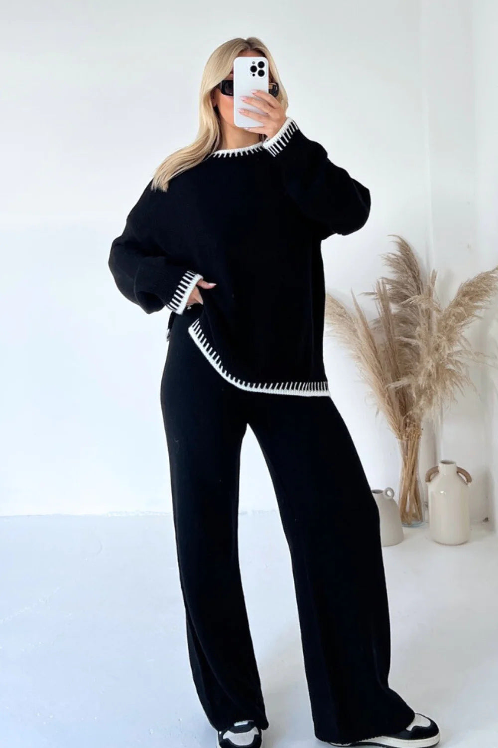 Women's Suit Fashion Pullover Split Long-sleeved Top And Loose Straight Pants Solid Color Two-piece Set