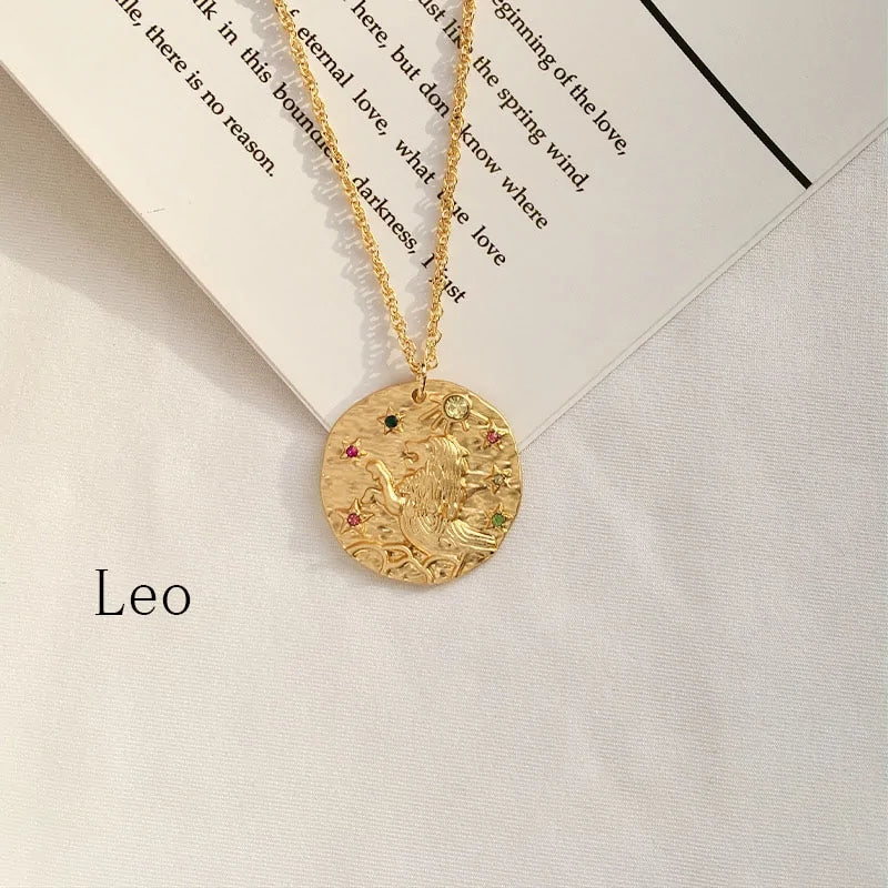 Gold Coin Disk Pendant Zodiac Necklace