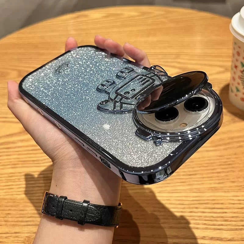 Glitter Astronaut Kamera Stand Telefon Fall Für IPhone 14 13 12 11 Pro Max XR 14 Plus Unsichtbare Objektiv Halterung Beschichtung Weiche Abdeckung