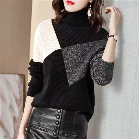 Women's Loose High Collar Color Matching Sweater