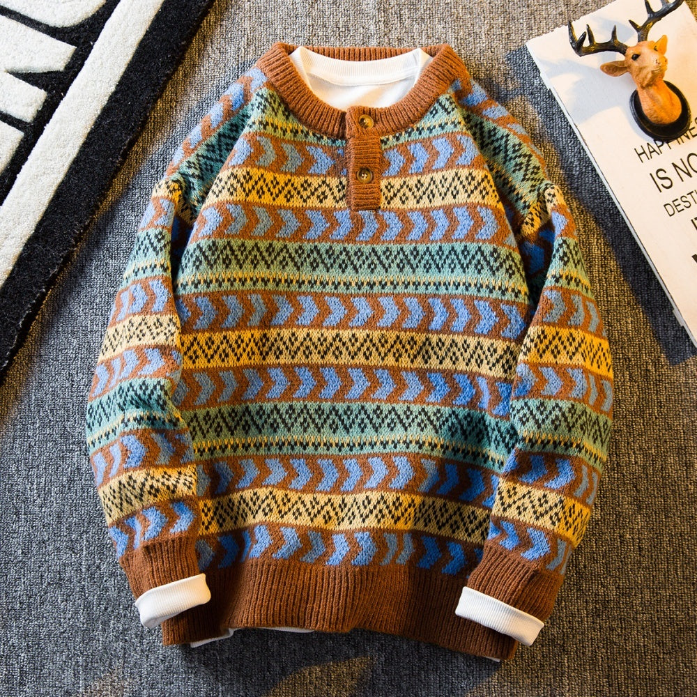 Pullover im Retro-Ethno-Stil für Herren, dicker Pullover mit Knöpfen