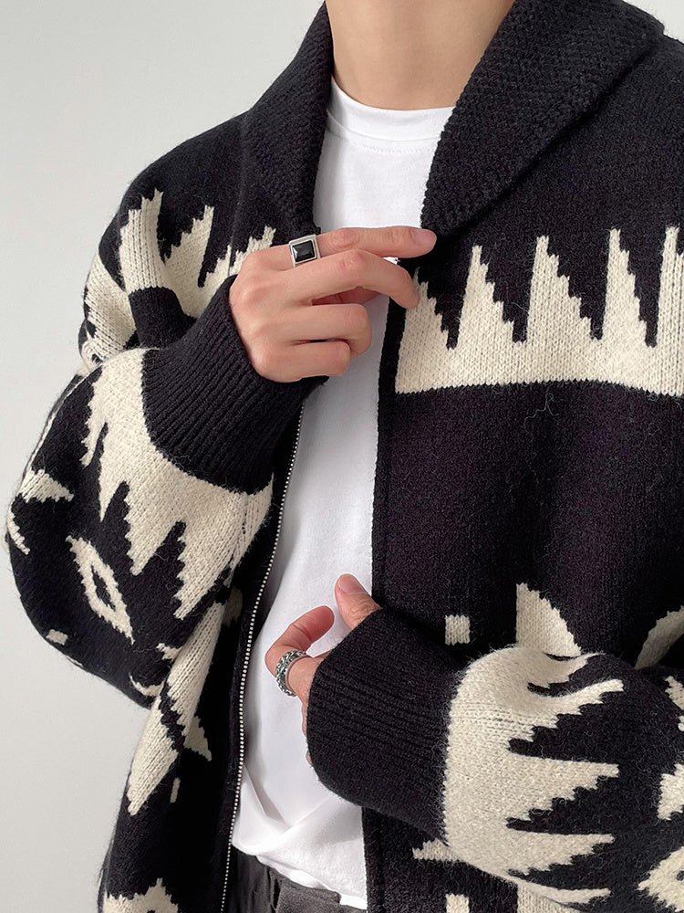 Geometric Contrast Color Lapel Sweater Cardigan Men's Knitted Jackets