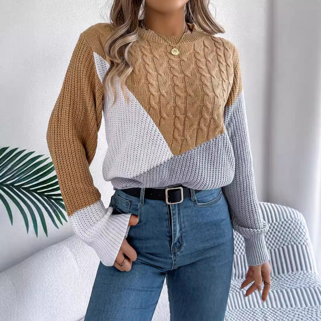 Contrast Color Twist Long Sleeve Pullover Sweaters Women's Clothing