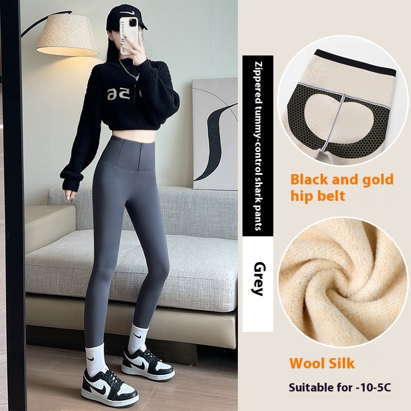 Belly-controlling Butt Lifting Leggings With Three-breasted Design Winter High Waist Slim Zippere Pants Warm Velvet And Thickened Trousers Women Clothing