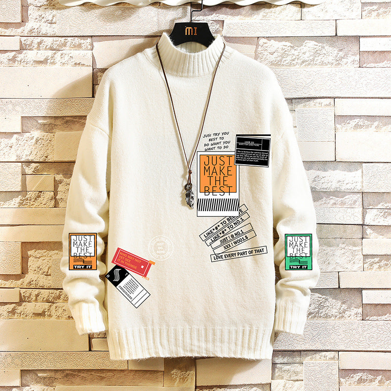 Crew Neck Men's Loose Winter Thickened White Sweater