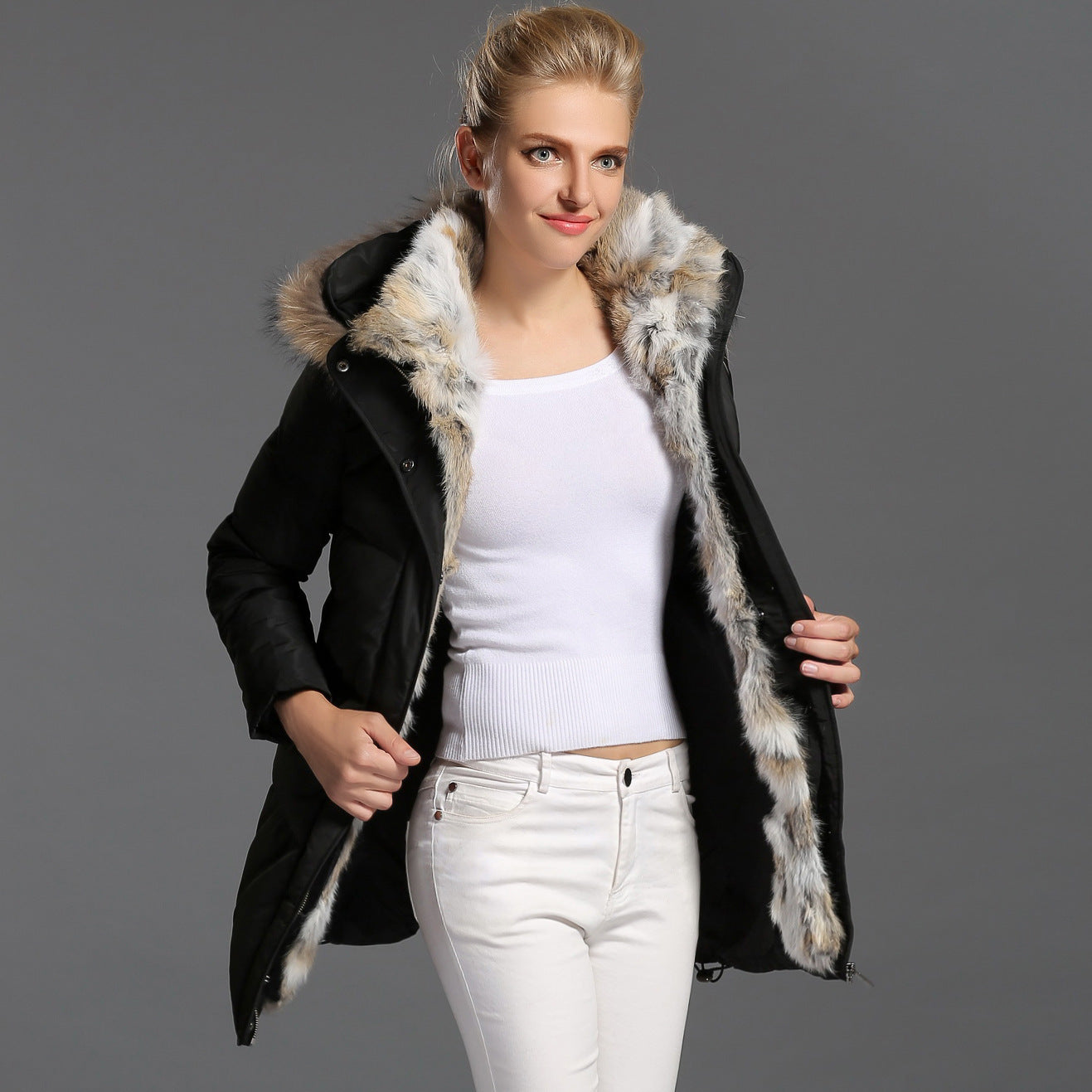 High-end Rabbit Fur Eiderdown Outerwear Mid-length Padded Coat Women