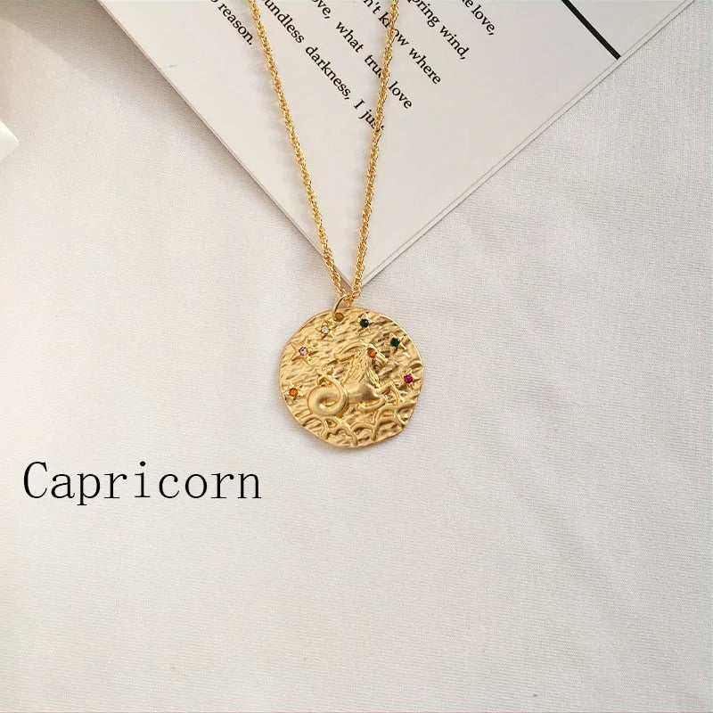 Gold Coin Disk Pendant Zodiac Necklace