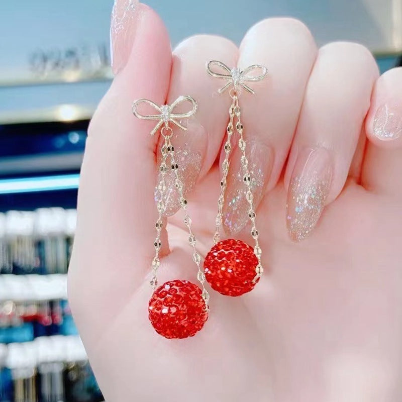 Autumn And Winter Golden Bow With Red Rhinestone Fashion Simple Eardrops