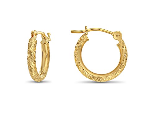 14k Gold Hand Engraved Diamond-cut Round Hoop Earrings (Yellow-Gold)…