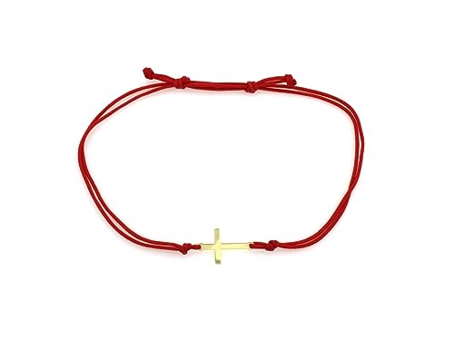 Sapphir Damen 14K Gelbgold Stoff-Armband Rot - Geschenke Für Frauen Mädchen - Glamour 585 Glebgold Damenschmuck - Mit Niedlichen Kleinen Kreuz -inkl Zwei Luxusgeschenke