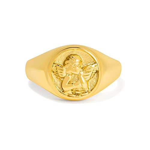 BENIQUE Gold Chunky Signet Stackable Pinky Ring for Women Men, Guardian Angel Cherub, Tarnish-Resistant 18K Gold Plated Stainless Steel Size 3 4 5 6 7 8 9 10 11 (Gold, 3)