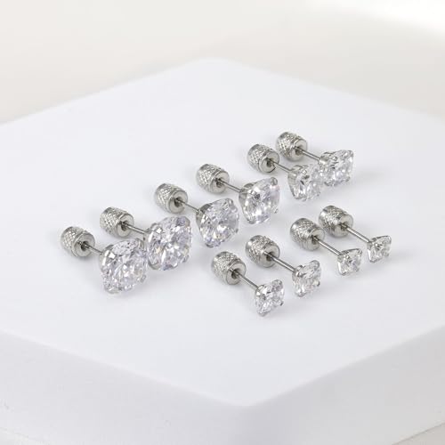 5 pairs Push-in Flat Back Stud Earrings Hypoallergenic Surgical Stainless Steel Cubic Zirconia Earrings Studs Set Multi-Pack, CZ Stud Earrings for Women Men Trendy Cartilage Earrings 4-8mm(B-Silver)