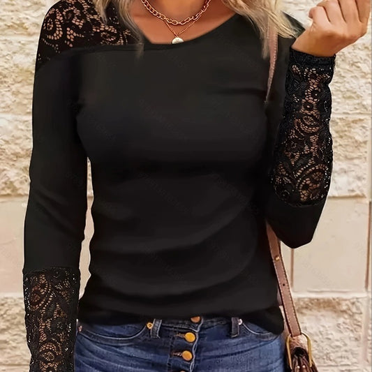 European And American Fashion Casual Solid Color Slim Lace Hollow Long Sleeve T-shirt