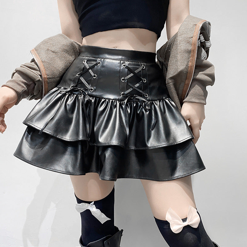 Dark Cross Lace Up Thin Leather Skirt Double Layer