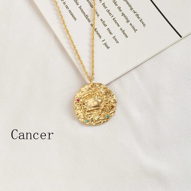 Gold Coin Disk Pendant Zodiac Necklace