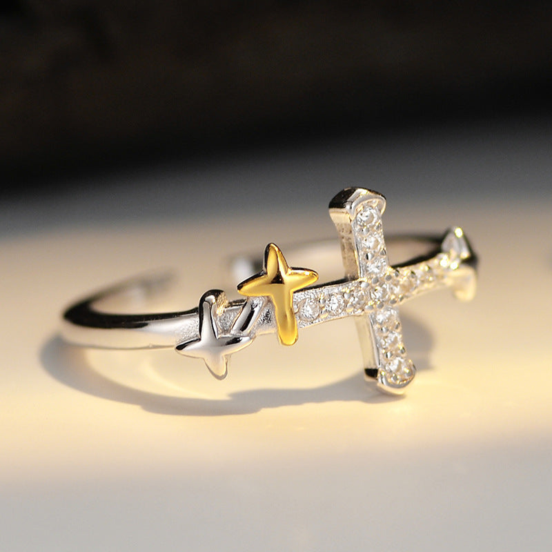 Simple Sterling Silver Diamond Cross Ring Women