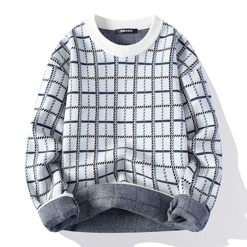 Winter Wool Sweater Men's Casual High Grade Plaid Knit Pullovers