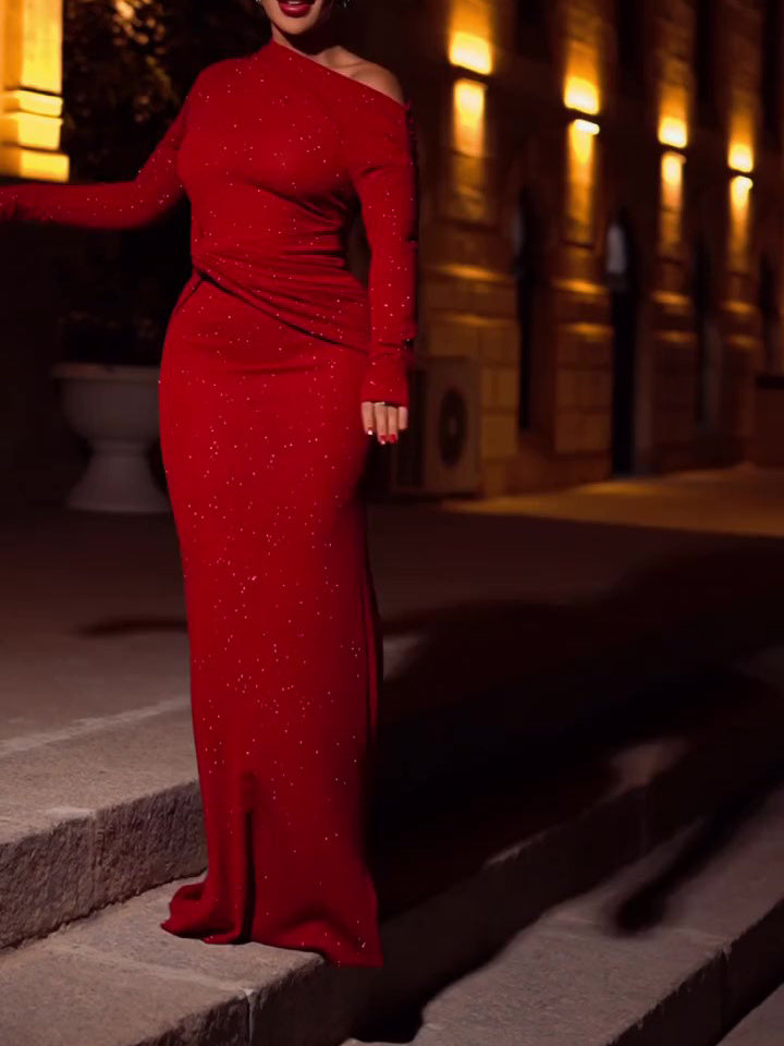 Burgundy Red  Long-sleeve Twisted Sequin Dress