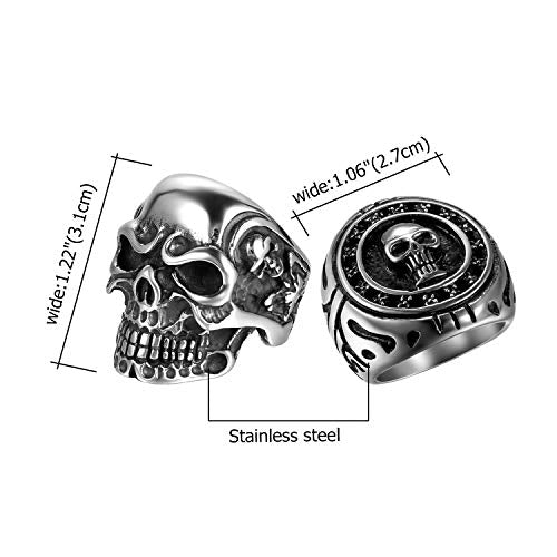 OIDEA 2Pcs Bikers Stainless Steel Gothic Skulls Ring,Black Silver, Size 8-15 (10)