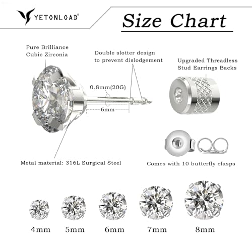 5 pairs Push-in Flat Back Stud Earrings Hypoallergenic Surgical Stainless Steel Cubic Zirconia Earrings Studs Set Multi-Pack, CZ Stud Earrings for Women Men Trendy Cartilage Earrings 4-8mm(B-Silver)