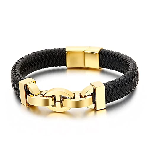 AMDXD Geschenke Für Männer Herren Armband, Leder Armbänder Jungen Gewebt Kette Herren Armbänder Gravur Gold Handhandgelenk Kette Edelstahl mit Magnet Verschluss, Länge 21.5cm