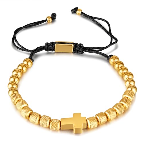 IMINI Stahl Perlen Armband Kreuz Charm Anhänger Knoten Geflochten Edelstahl Perlen Armband Unisex Verstellbare Geflochtene Kette Männer Damen Schmuck Geschenk (Gold)