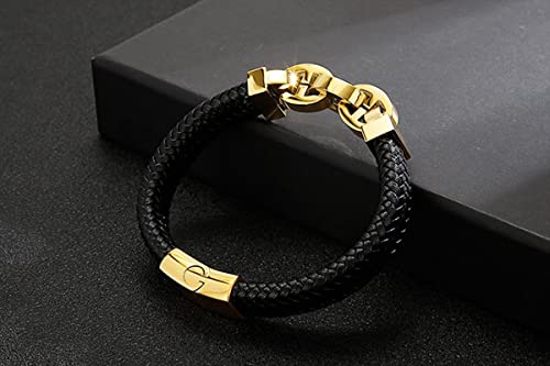 AMDXD Geschenke Für Männer Herren Armband, Leder Armbänder Jungen Gewebt Kette Herren Armbänder Gravur Gold Handhandgelenk Kette Edelstahl mit Magnet Verschluss, Länge 21.5cm