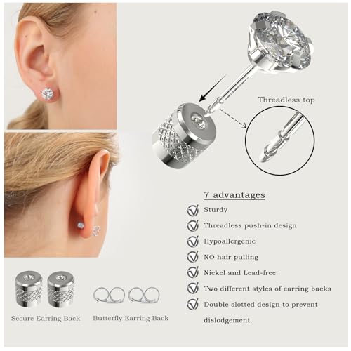 5 pairs Push-in Flat Back Stud Earrings Hypoallergenic Surgical Stainless Steel Cubic Zirconia Earrings Studs Set Multi-Pack, CZ Stud Earrings for Women Men Trendy Cartilage Earrings 4-8mm(B-Silver)