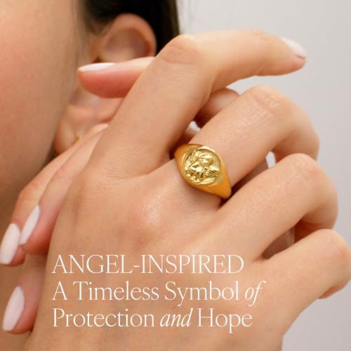 BENIQUE Gold Chunky Signet Stackable Pinky Ring for Women Men, Guardian Angel Cherub, Tarnish-Resistant 18K Gold Plated Stainless Steel Size 3 4 5 6 7 8 9 10 11 (Gold, 3)