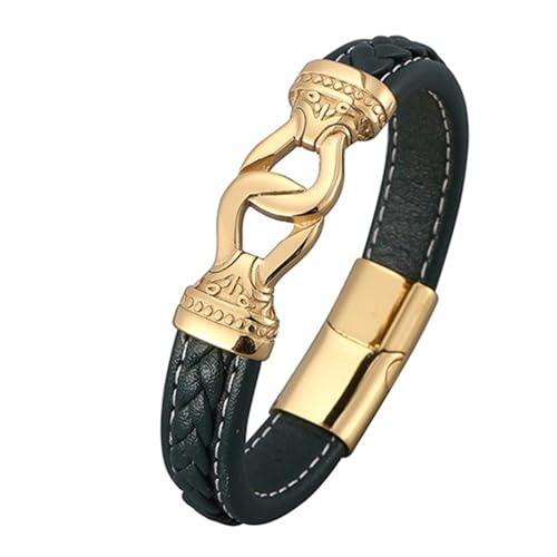 Aotiwe Armreif Männer, Herren Armband Kette Armreif aus Leder mit Schnalle Gold Grün Bracelet Men Pu Leder 16.5cm