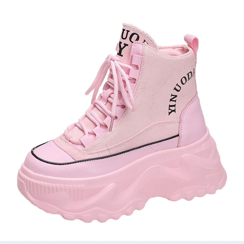 Fashion Pink Chunky Platform Motorcycle Boots Women Thick Bottom Lace up Ankle Botas Mujer Autumn Winter 2023 Vulcanized Shoes