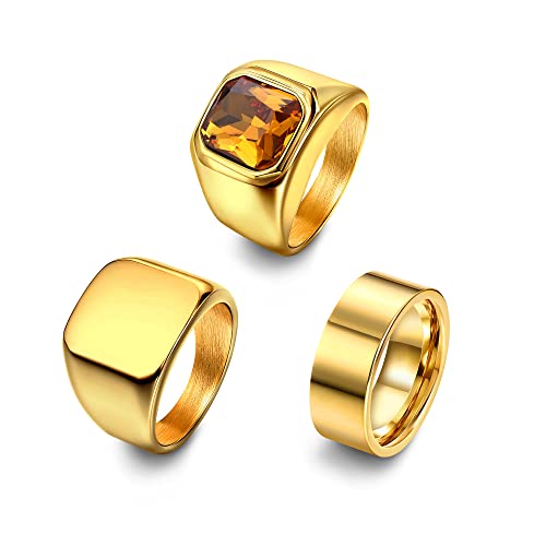 Dochais Mens Rings Set: 3pcs Stainless Steel Biker Rings, Signet Ring, Agate Ring - Size 7-13, Gold, Vintage