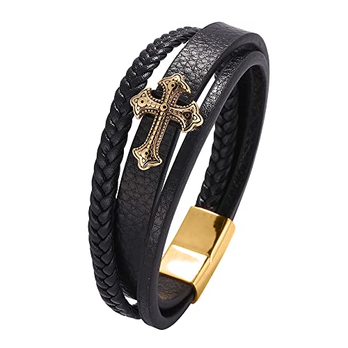 Armreif Herren Leder, Bracelet Men Chain Gold Man Bracelet Kreuz 3 Lagiges Lederarmband Herren Schmuck Geschenke für Männer