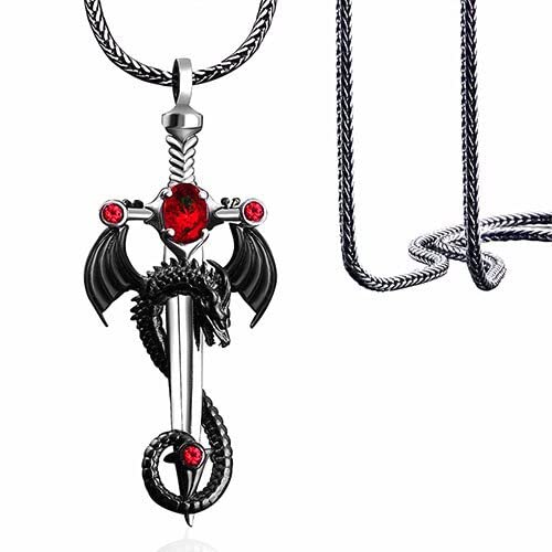 DGP Herren Halskette mit Anhänger Drache mit Schwert (rot), Sterling Silber, Silber