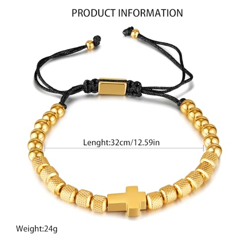 IMINI Stahl Perlen Armband Kreuz Charm Anhänger Knoten Geflochten Edelstahl Perlen Armband Unisex Verstellbare Geflochtene Kette Männer Damen Schmuck Geschenk (Gold)