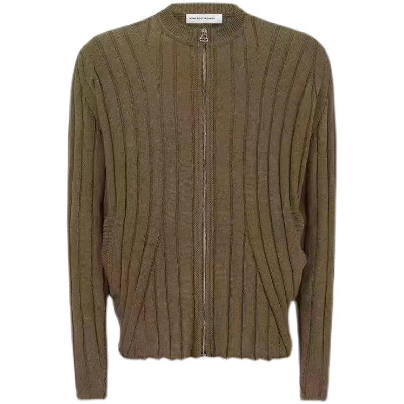 Brown Striped Zipper Knitted Sweater Cardigan Baggy Coat Men